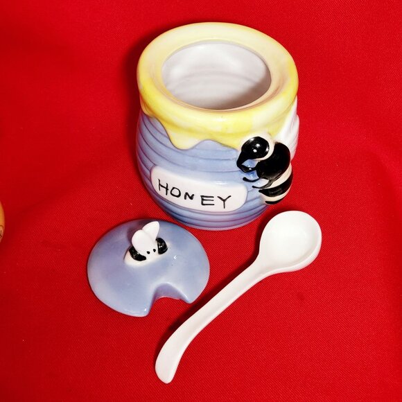 Honey Bee Honey Jar Porcelain Serving Spoon Blue Yellow Painted Ceramic - Picture 9 of 13